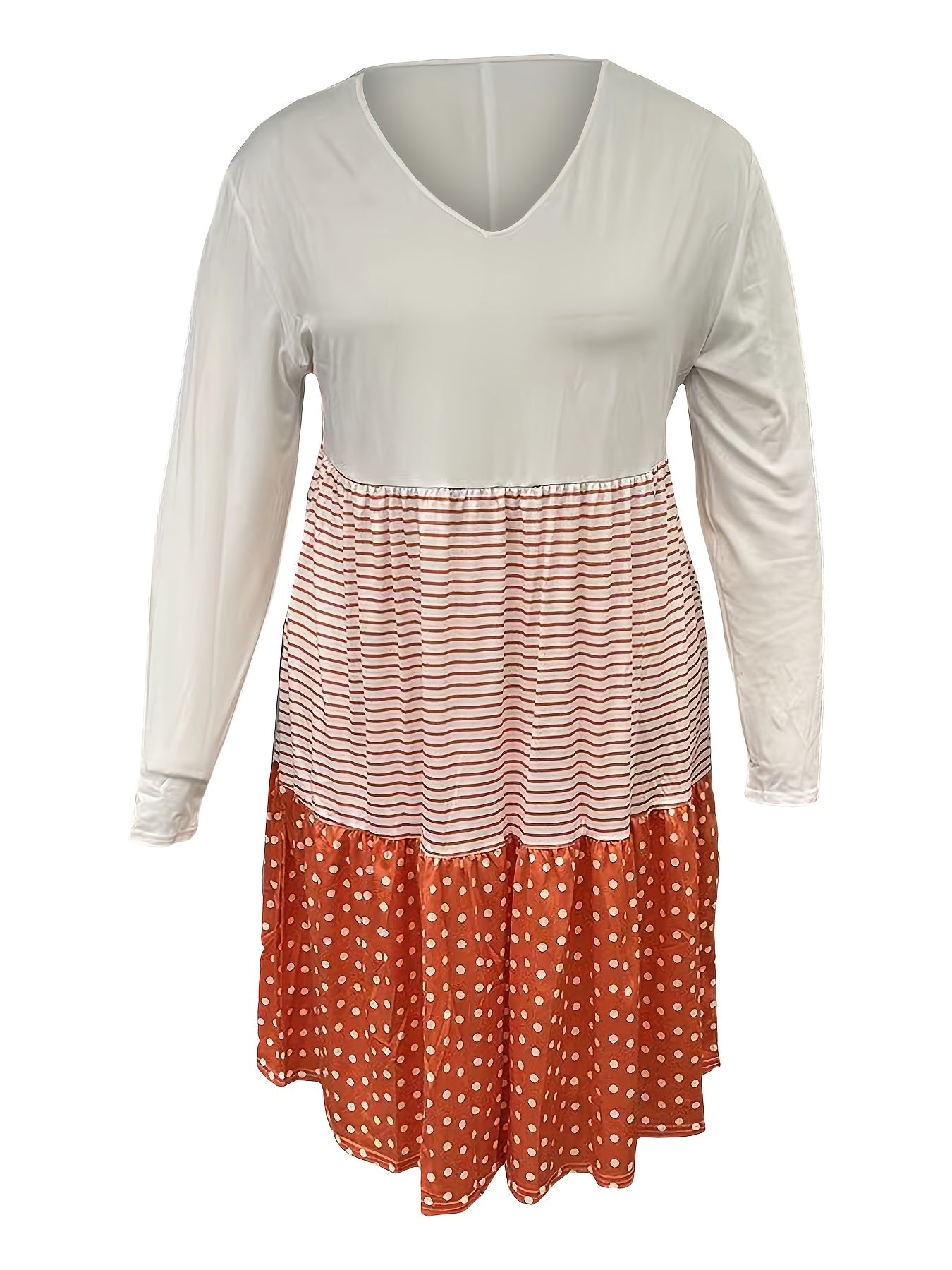 Women's Plus Stripe & Polka Dot Print V-Neck Long Sleeve Dress