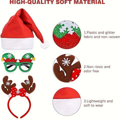 Christmas Party Accessory Set: Headbands, Santa Hats, Novelty Glasses