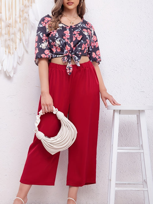 Floral Print Butterfly Sleeve V Neck Crop Top & Wide Leg Pants Two Piece Set
