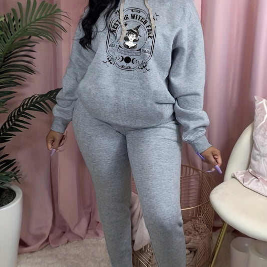  Cartoon Witch Print Hooded Sweatshirt & Sweatpants Set