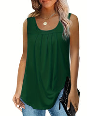 Pleated Front Crew Neck Tank Top Sleeveless Summer Casual Women's Clothing