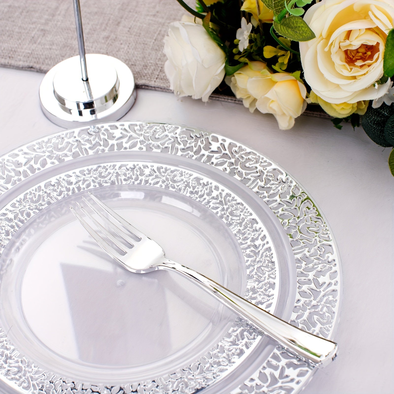 150 PCS Silvery Dinnerware Set - Plates, Silverware, Cups