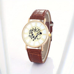 Leisure Couple Watch Roman Hollow Mechanical Quartz Leather Strap