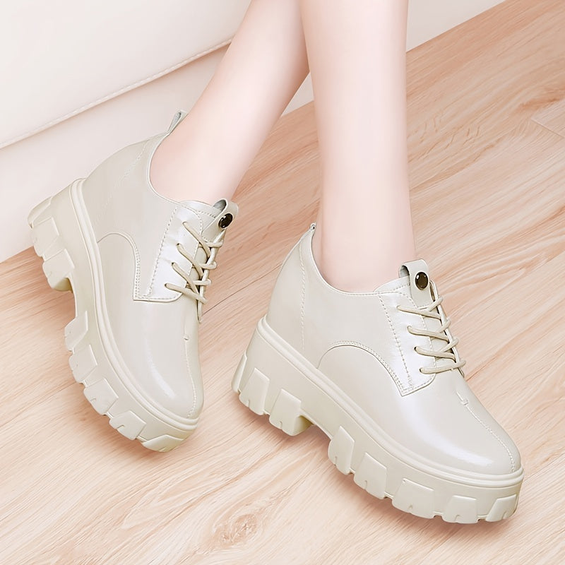 Women's Chunky Heel Lace Up Oxfords Solid Comfortable Round Toe Shoes