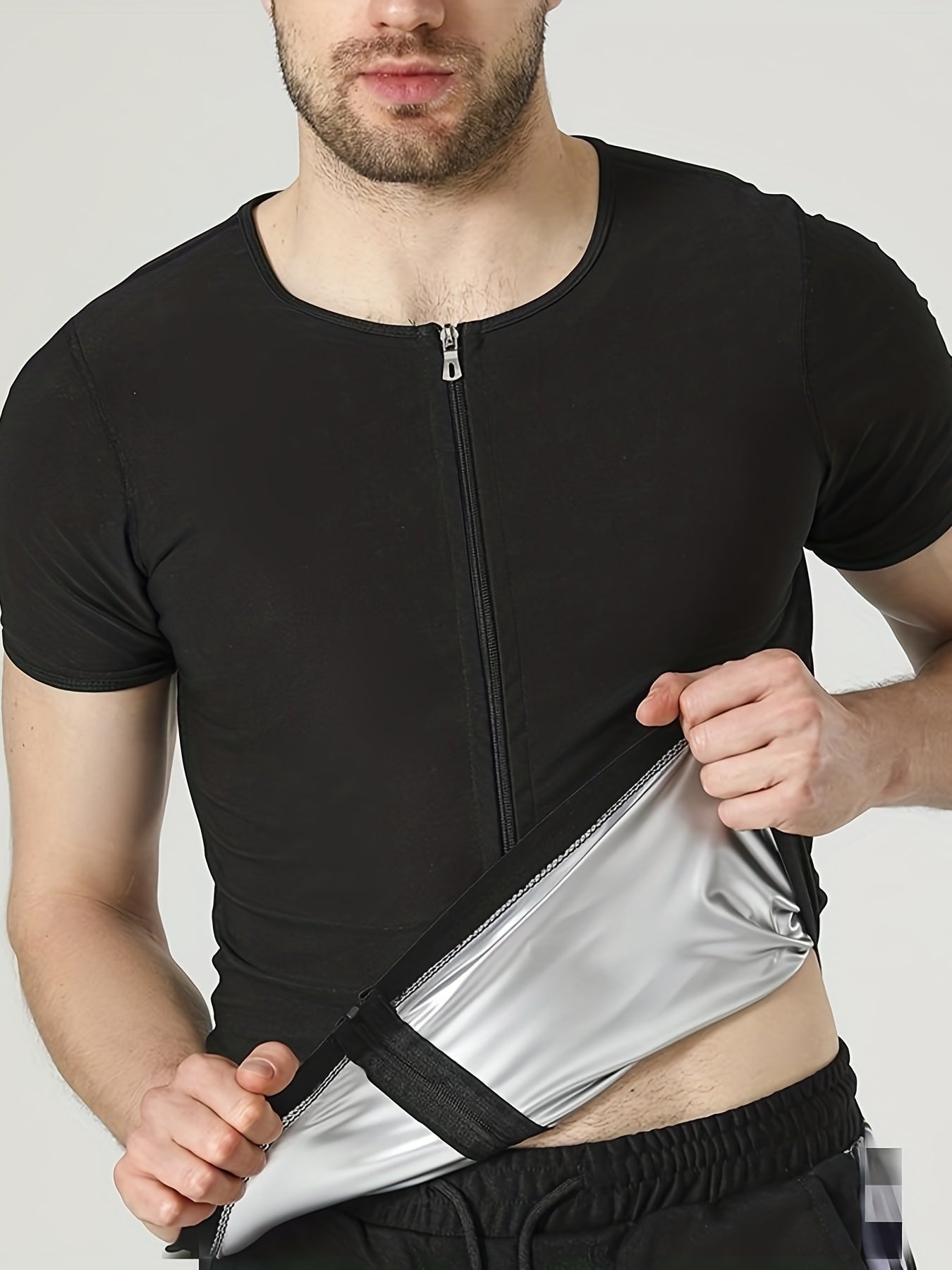 Men's Sauna Sweat Workout Crew Neck T-shirt Full Zip Body Shapewear