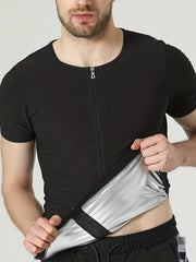 Men's Sauna Sweat Workout Crew Neck T-shirt Full Zip Body Shapewear