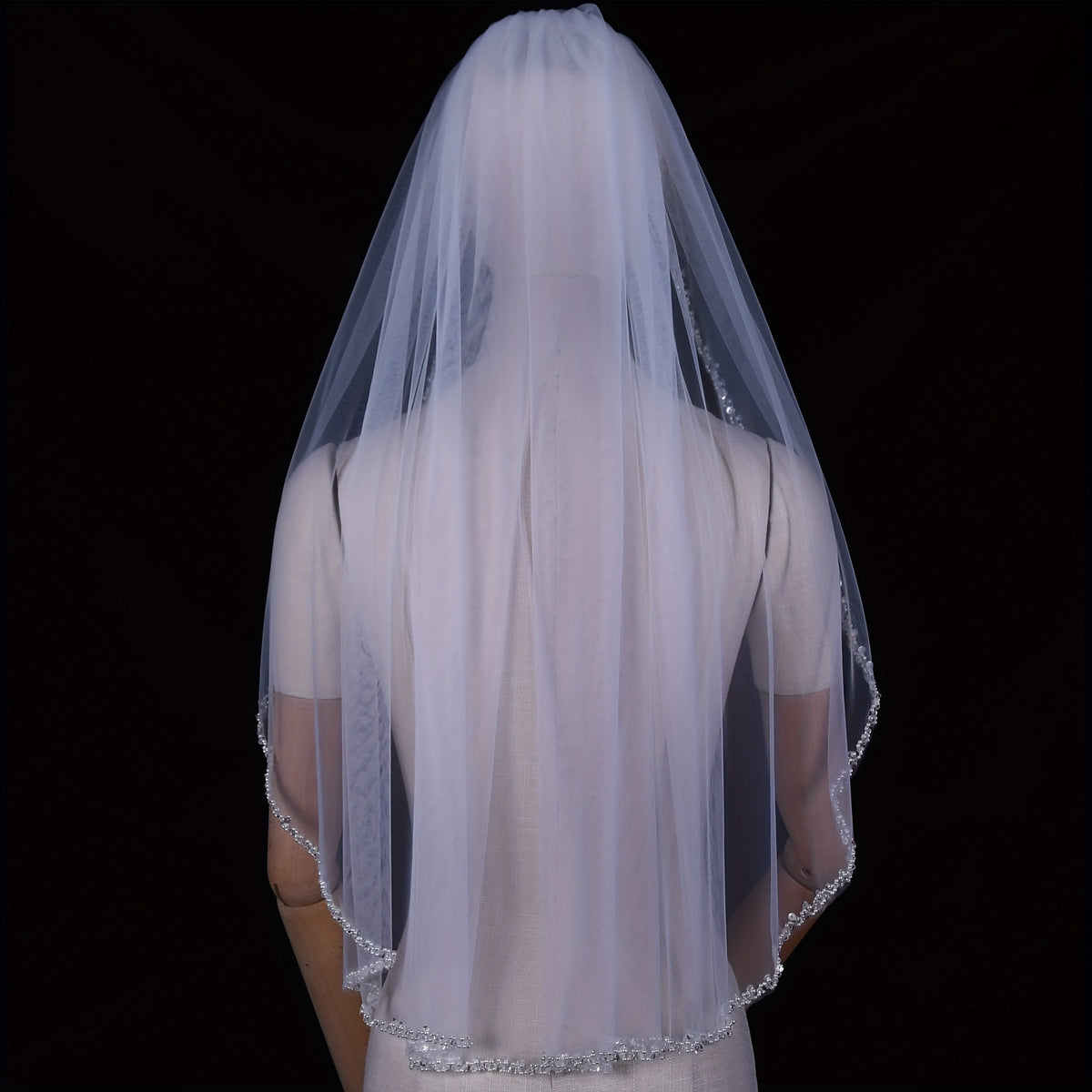 Chapel Length Wedding Veil Organza Beaded Rhinestone Edge Bridal Accessories