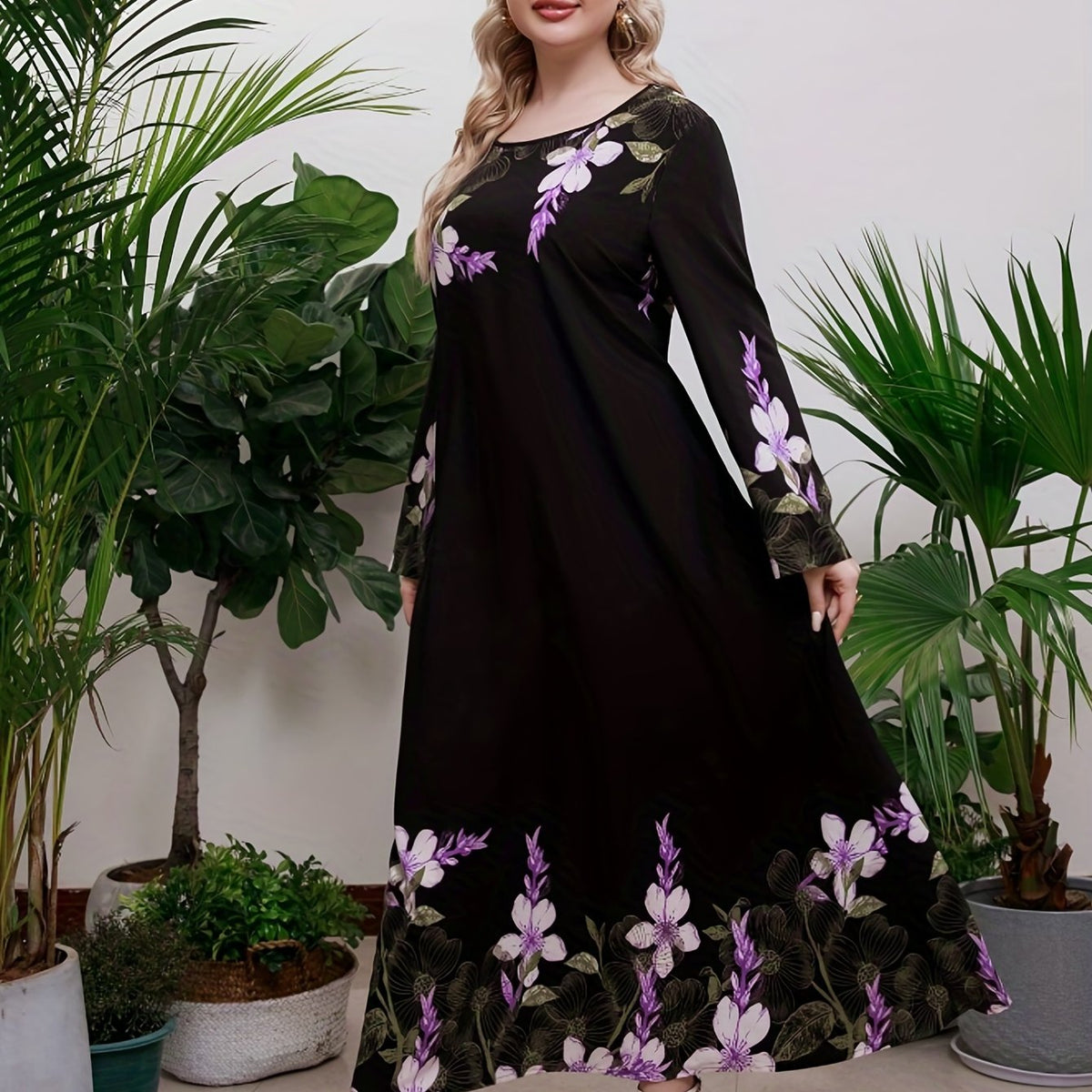 Women's Plus Floral Print Long Sleeve Maxi Tunic Dress
