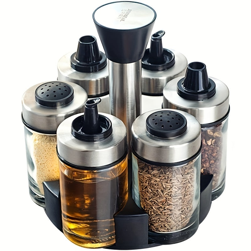6pc Glass & Stainless Steel Vinegar & Pepper Bottles Set with Rotating Holder