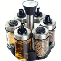 6pc Glass & Stainless Steel Vinegar & Pepper Bottles Set with Rotating Holder