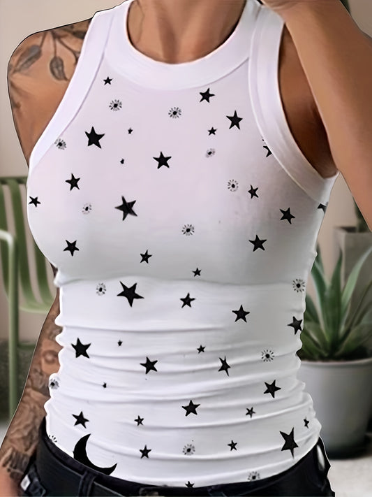 Star Print Tank Top Sleeveless Crew Neck Every Tops Women's