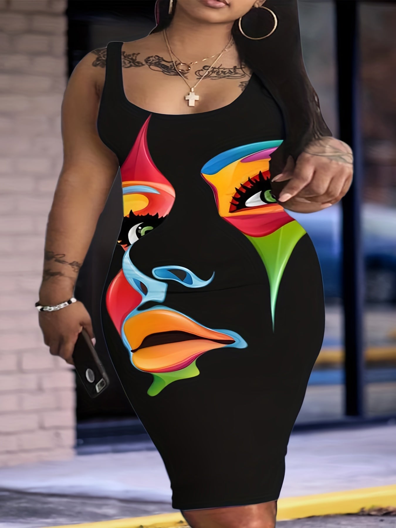  Abstract Figure Print Tank Dress