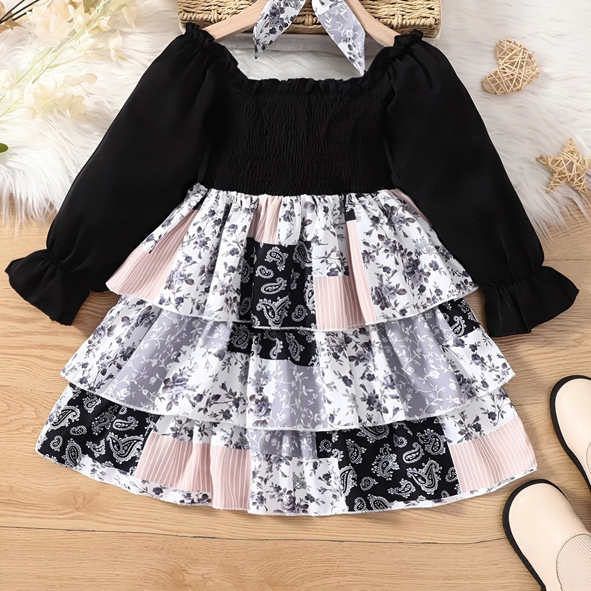 Ethnic Floral Tiered Patchwork Dress & Headscarf Set for Toddlers