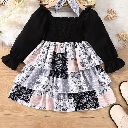 Ethnic Floral Tiered Patchwork Dress & Headscarf Set for Toddlers