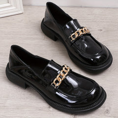 Metallic Chain Loafers British Style Faux Leather Shoes