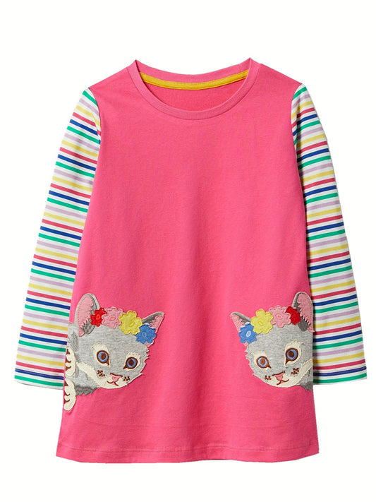 Girls' Kitty Embroidered Long Sleeve Shirt Dress With Stripe Contrast Sleeves