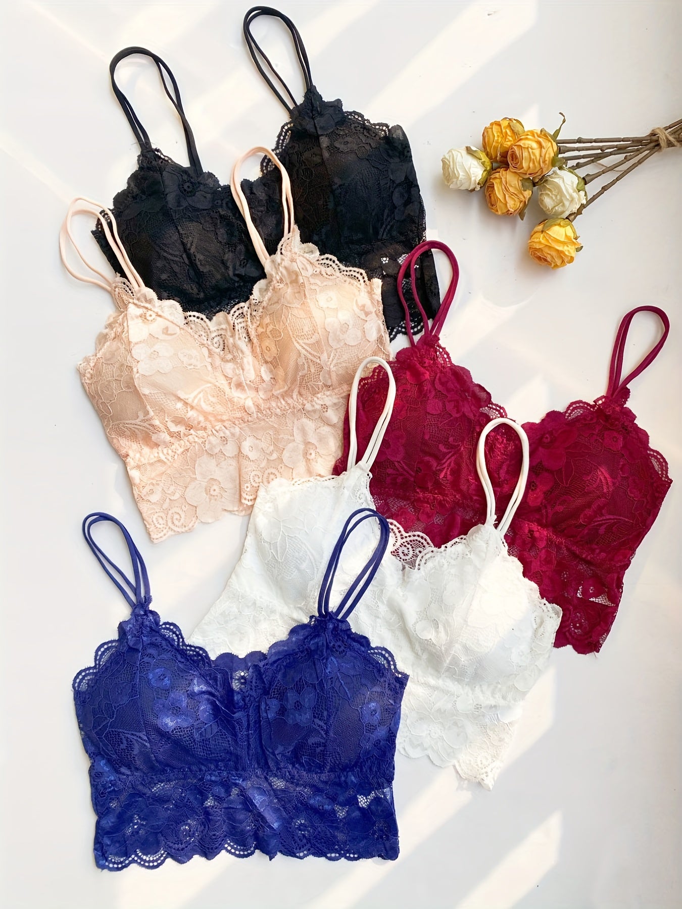 Floral Lace Scallop Trim Bralettes Double Straps Chest Pad Lingerie