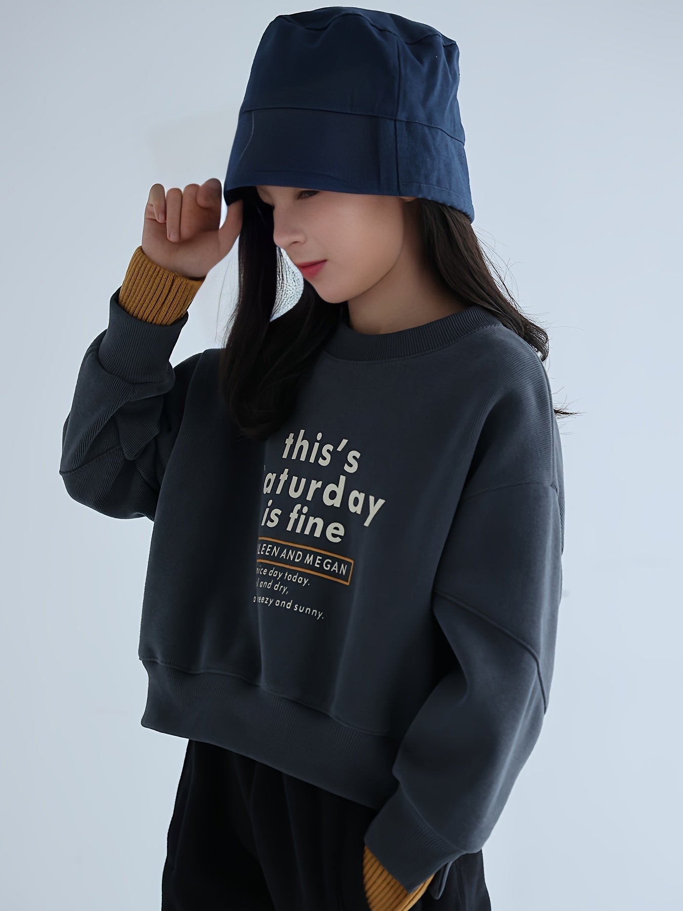 Girls 95 Cotton Thick THIS SATURDAY IS FINE Print Long Sleeve Sweatshirt Tops