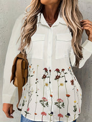  Floral Print Long Sleeve Button Up Collar Shirt
