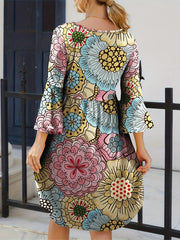  Boho Dress Women's Plus Floral Print Three Quarter Sleeve Dress