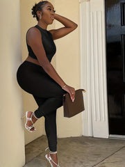 Solid Slim Two piece Set Mock Neck Crop Vest Top & Skinny Pants
