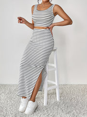 Striped Print 2pc Set Tank Top & Split Skirt Outfit Women's Clothing