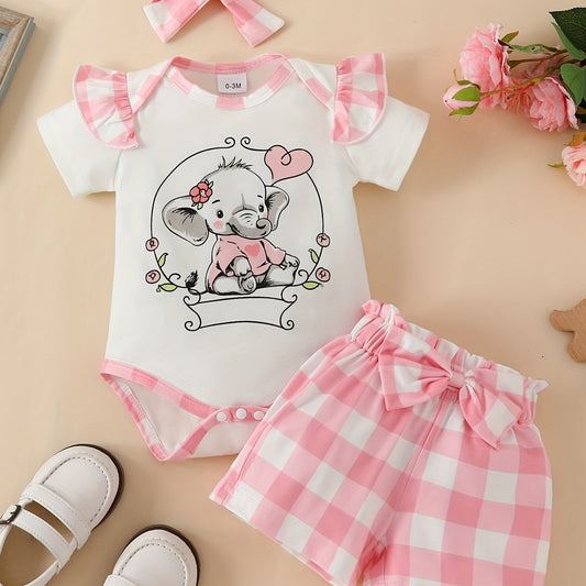 3pcs Baby Girls Elephant Print Onesie & Shorts Set