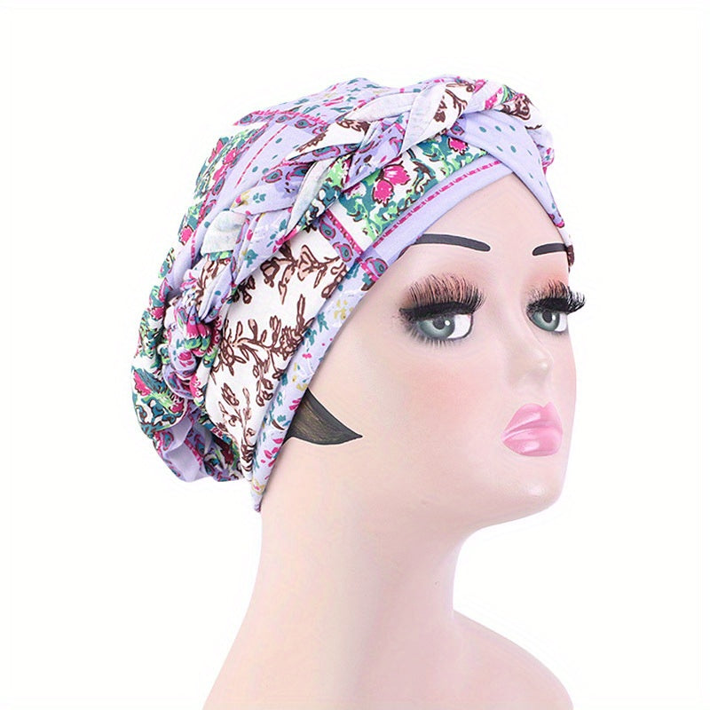 Boho Print Braided Turban Cap Vintage Pre-tied Bonnet Head Wrap Head Scarf