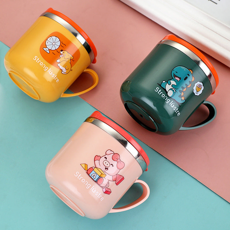 Children's Cartoon Stainless Steel Milk Cup with Lid Straw