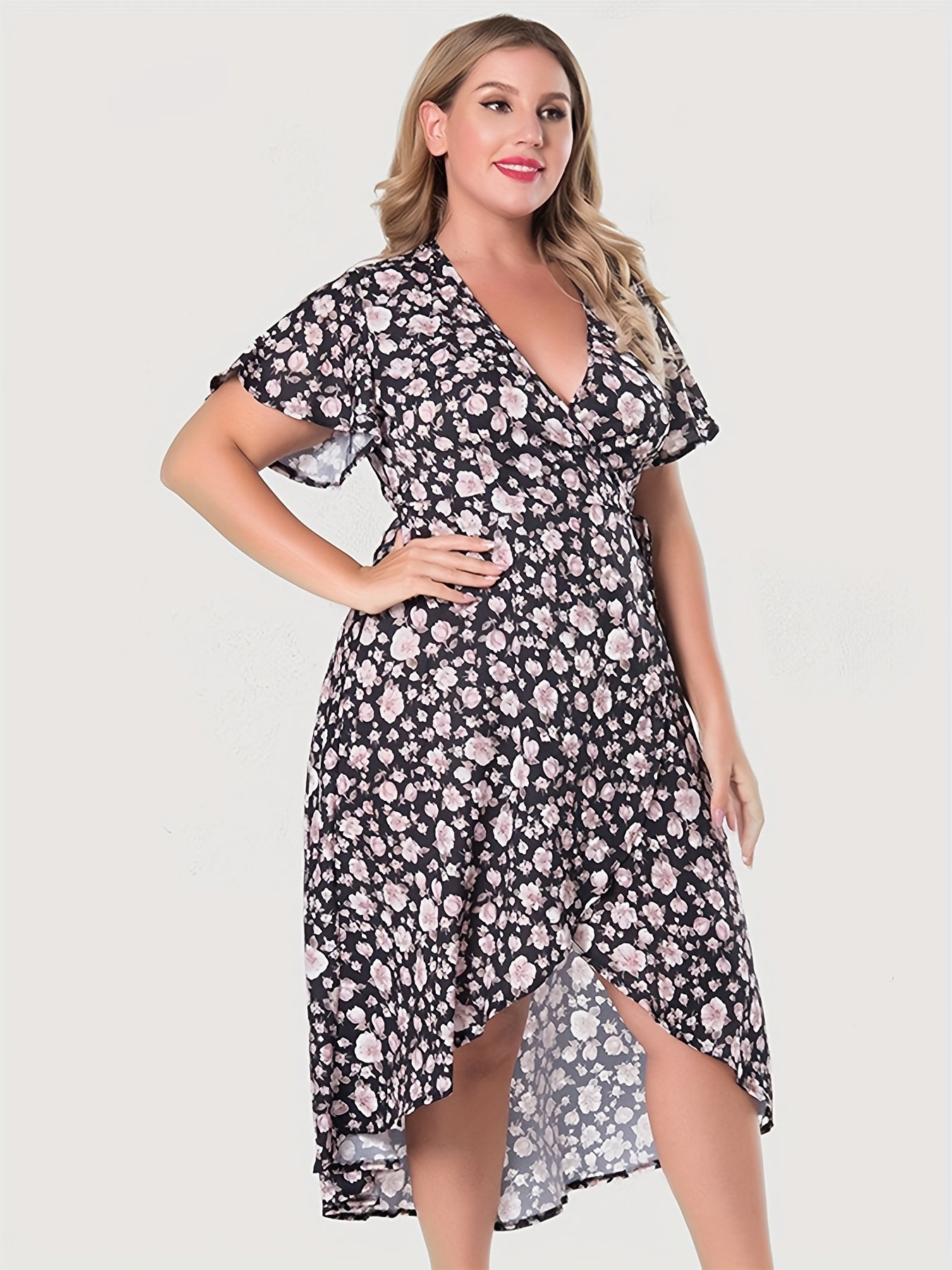 Floral Print Short Sleeve V Neck Layered Maxi Dress