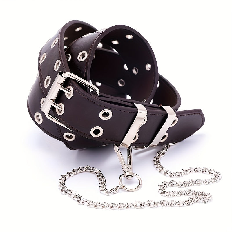 Punk Double Eyelet PU Belt with Chain Charm for Jeans