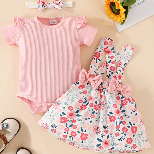 3pcs Baby Girls Onesie & Floral Suspender Skirt Set
