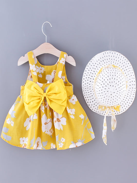 Baby Girls Sleeveless Flowers Print Beach Dress With Hat