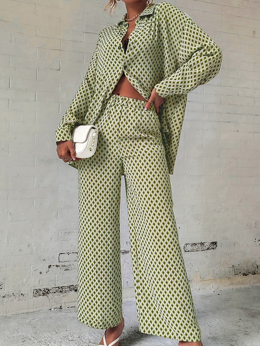 Plaid Print Two Piece Set Shirt & Pants Outfits Women's Clothing