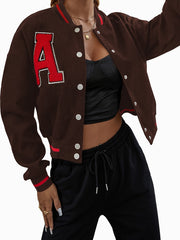 Alphabets Embroidered Varsity Jacket Casual Crop Button Front