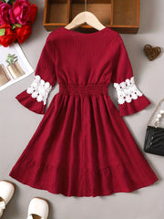 Girl's V Neck Pleated Puffy Dress Hollow Out Long Sleeve