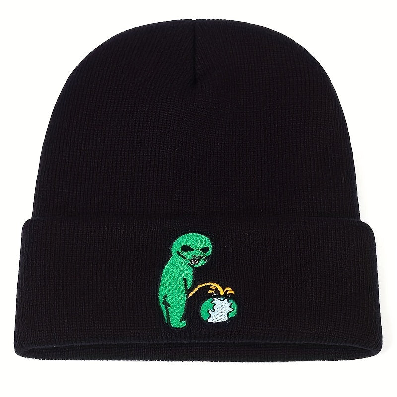Alien Earth Embroidery Beanie Elastic Knit Hat Unisex Skull Cap