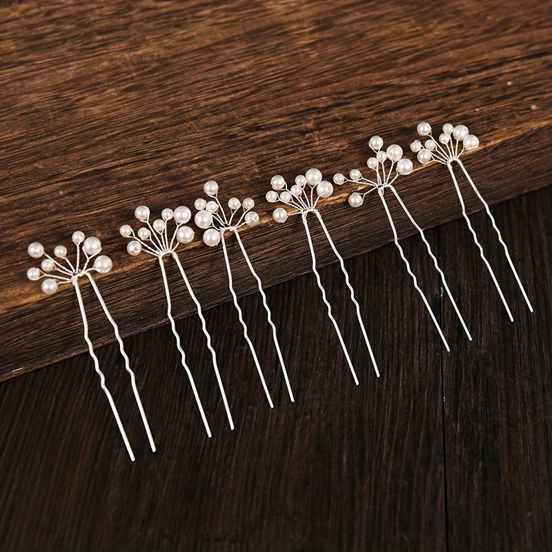 6pcs Faux Pearl Hair Pin U-shaped Hair Fork For Chignon Bun Maker