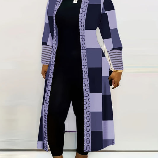  Colorblock Grid Print Open Front Cardigan