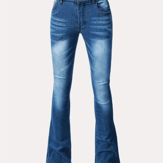 Water Ripple Embossed Flare Leg Denim Pants Whiskering High Stretch