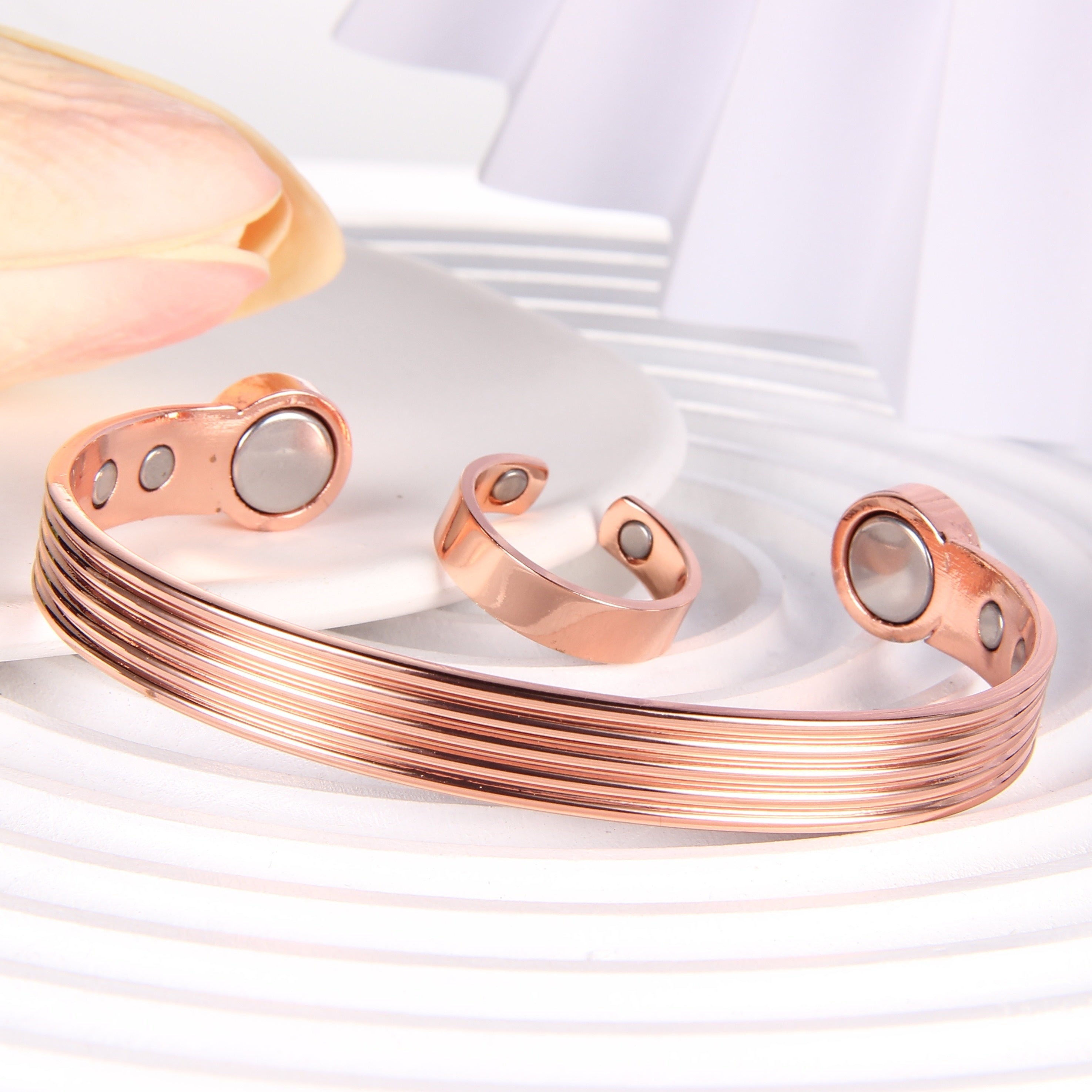 Lymph Detox Ring & Copper Bracelet Magnetic Set Women Rose Golden