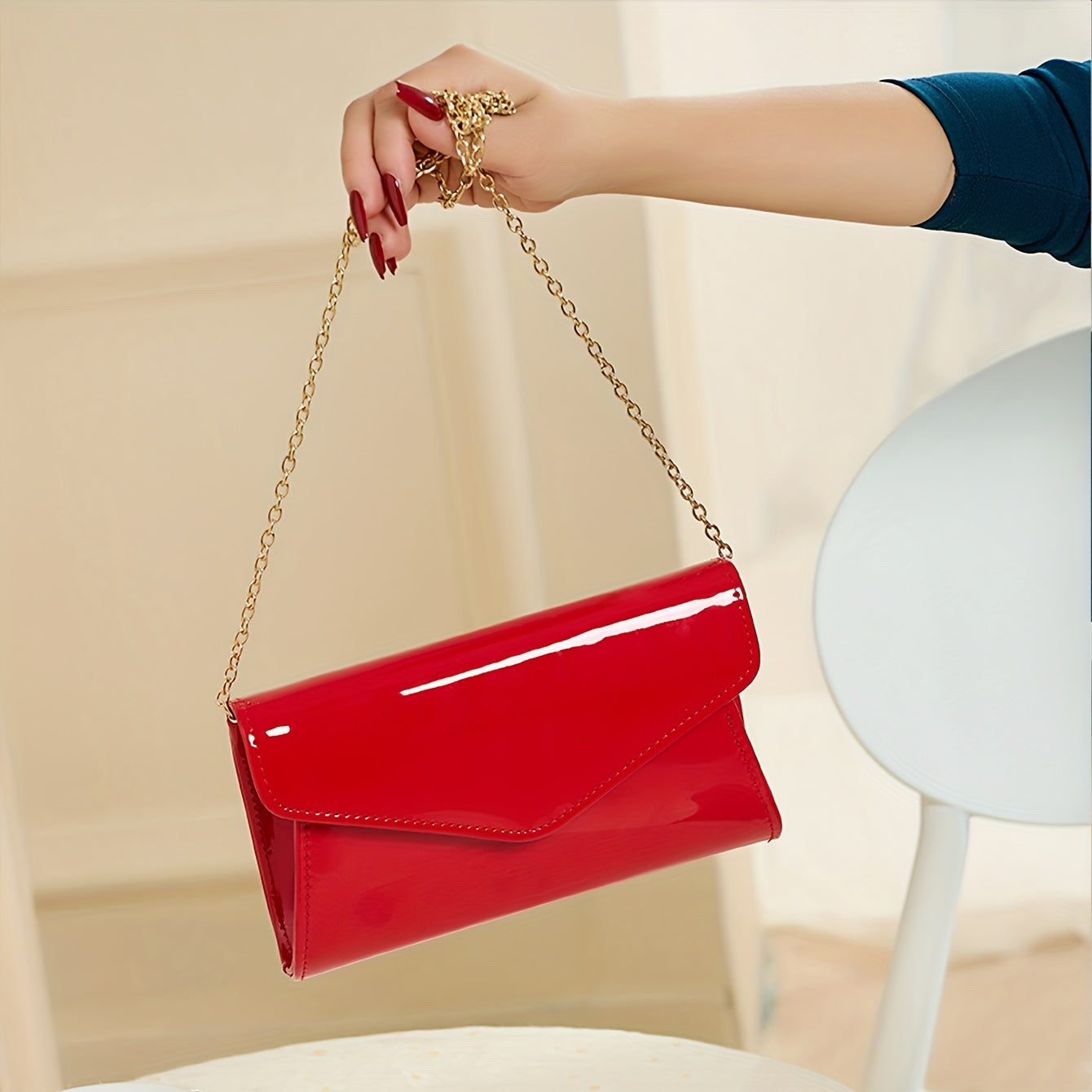 Metal Chain Envelope Clutch PU Leather Evening Bag