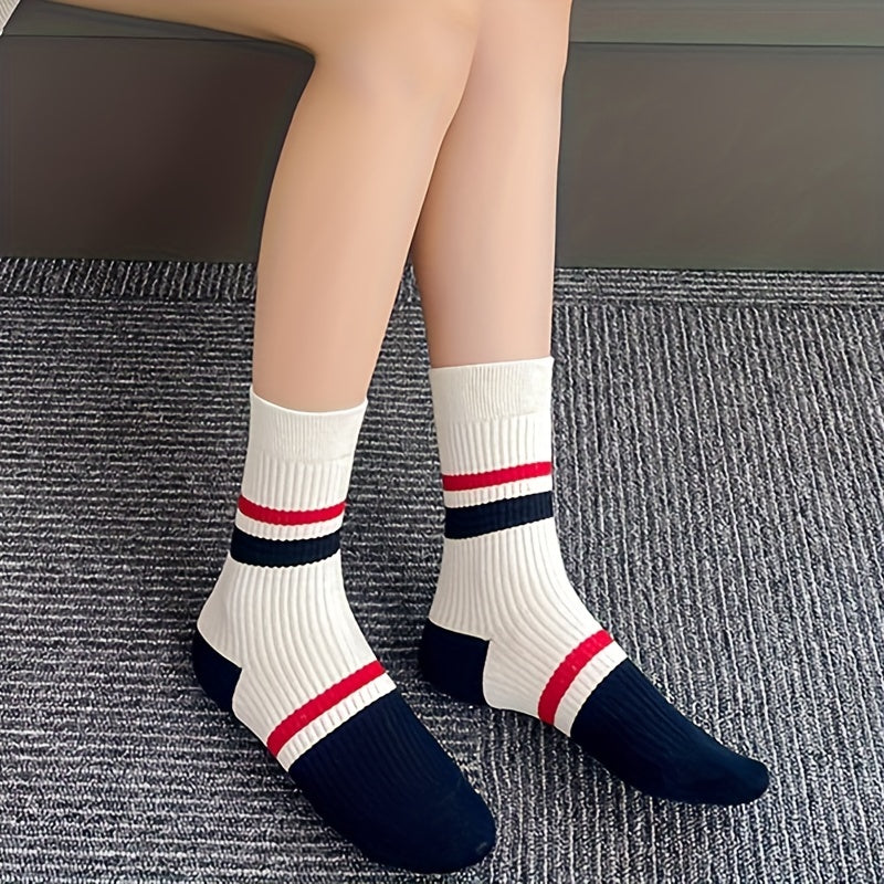 5 Pairs Women's Striped Crew Socks Combo Pack