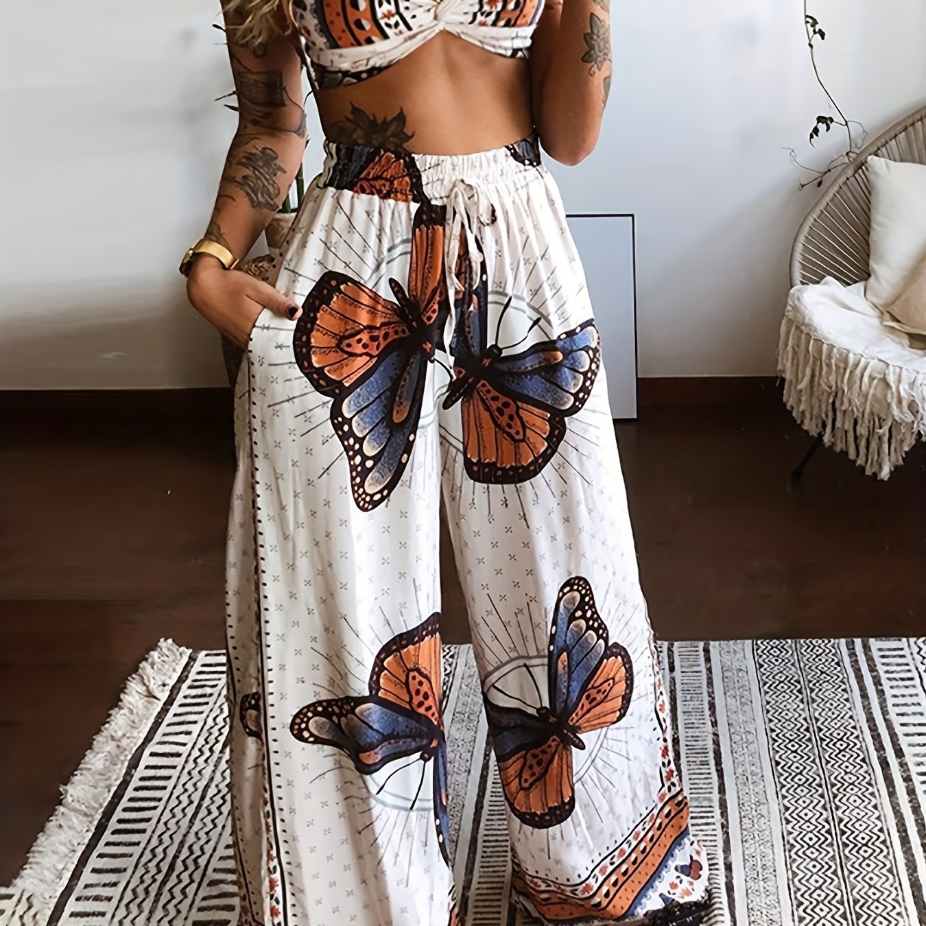 Boho Butterfly Print Two piece Set Crop Cami Top & Wide Leg Pants