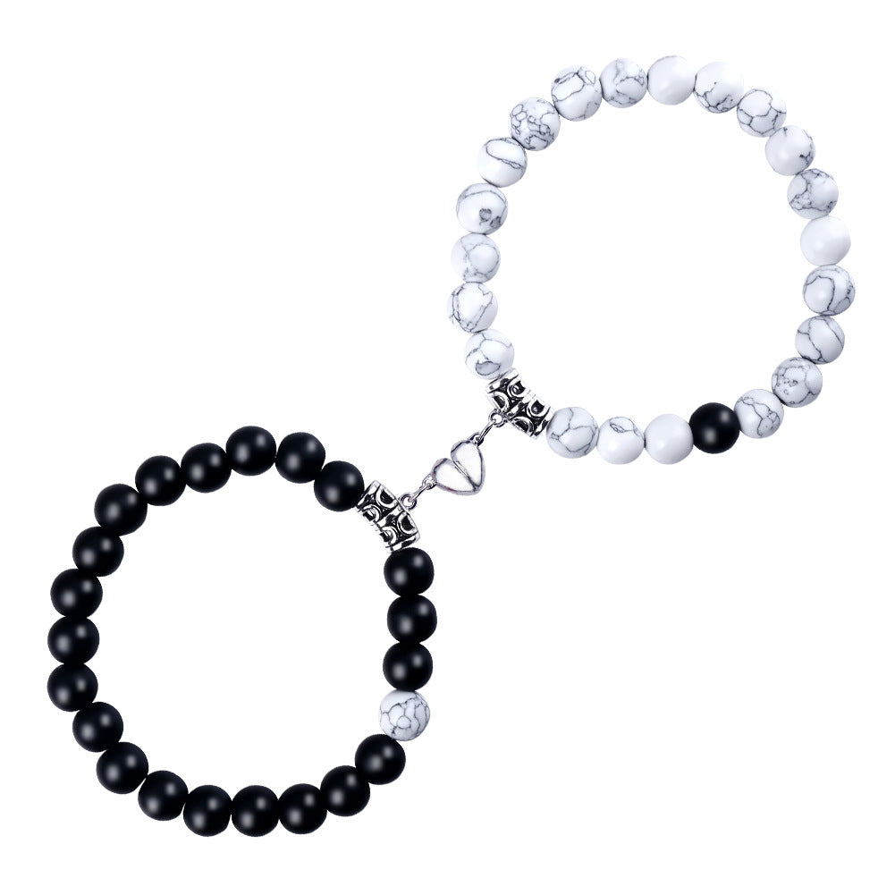 Crackle Beaded Bracelet Set Magnetic Heart Pendant Matte Beaded Couples Bracelet