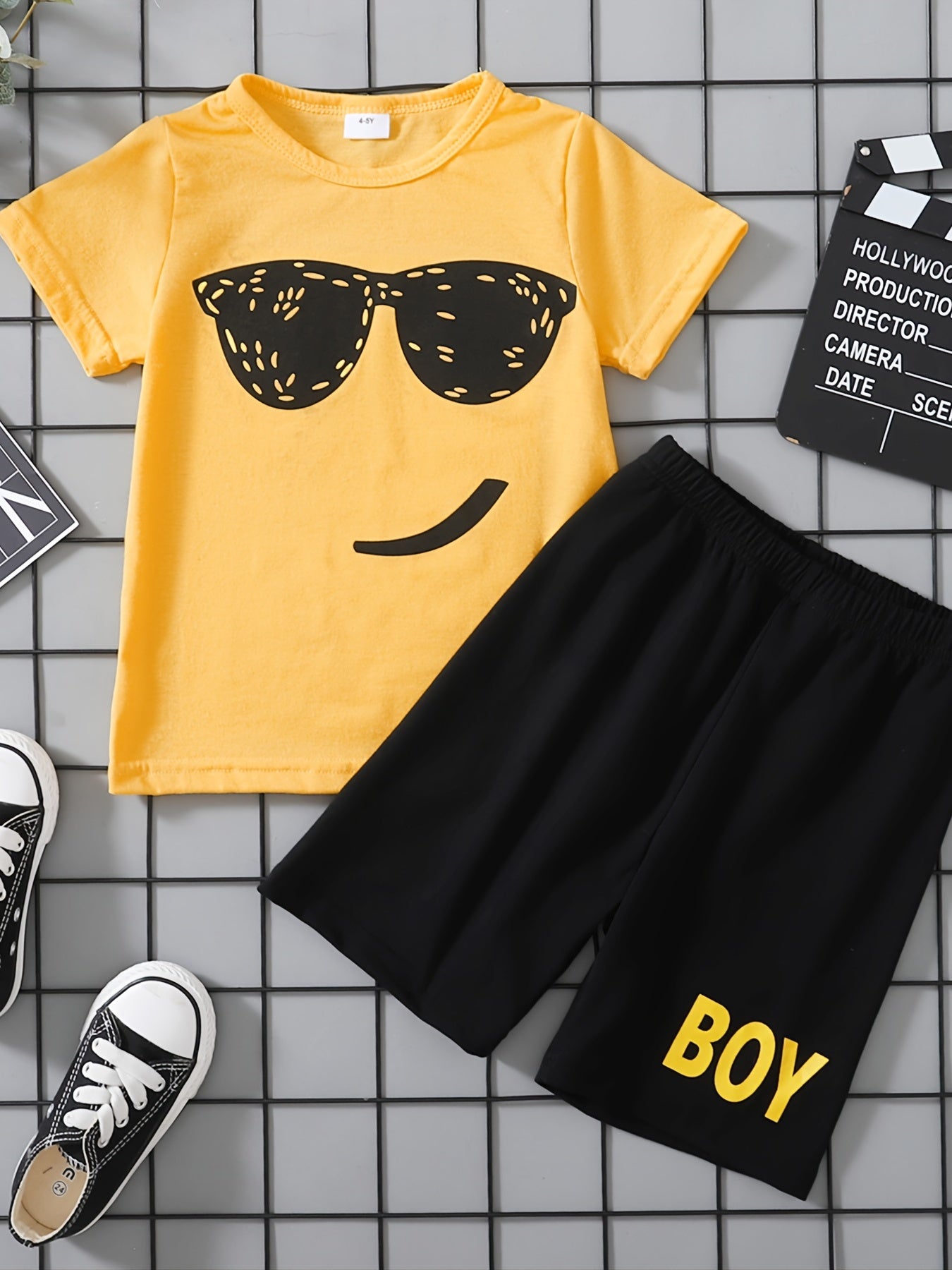 Boys Smile Print Tee Matching Shorts Summer