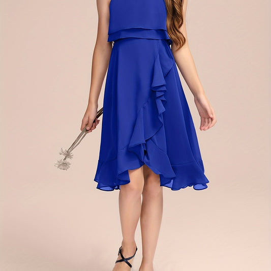 Girls Asymmetrical Ruffle Trim Cami Bridesmaid Dress