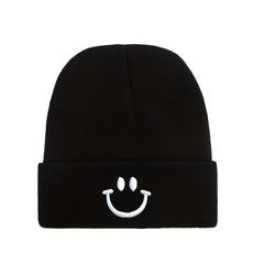 Knitted Hat with Happy Face Embroidery for Men and Women