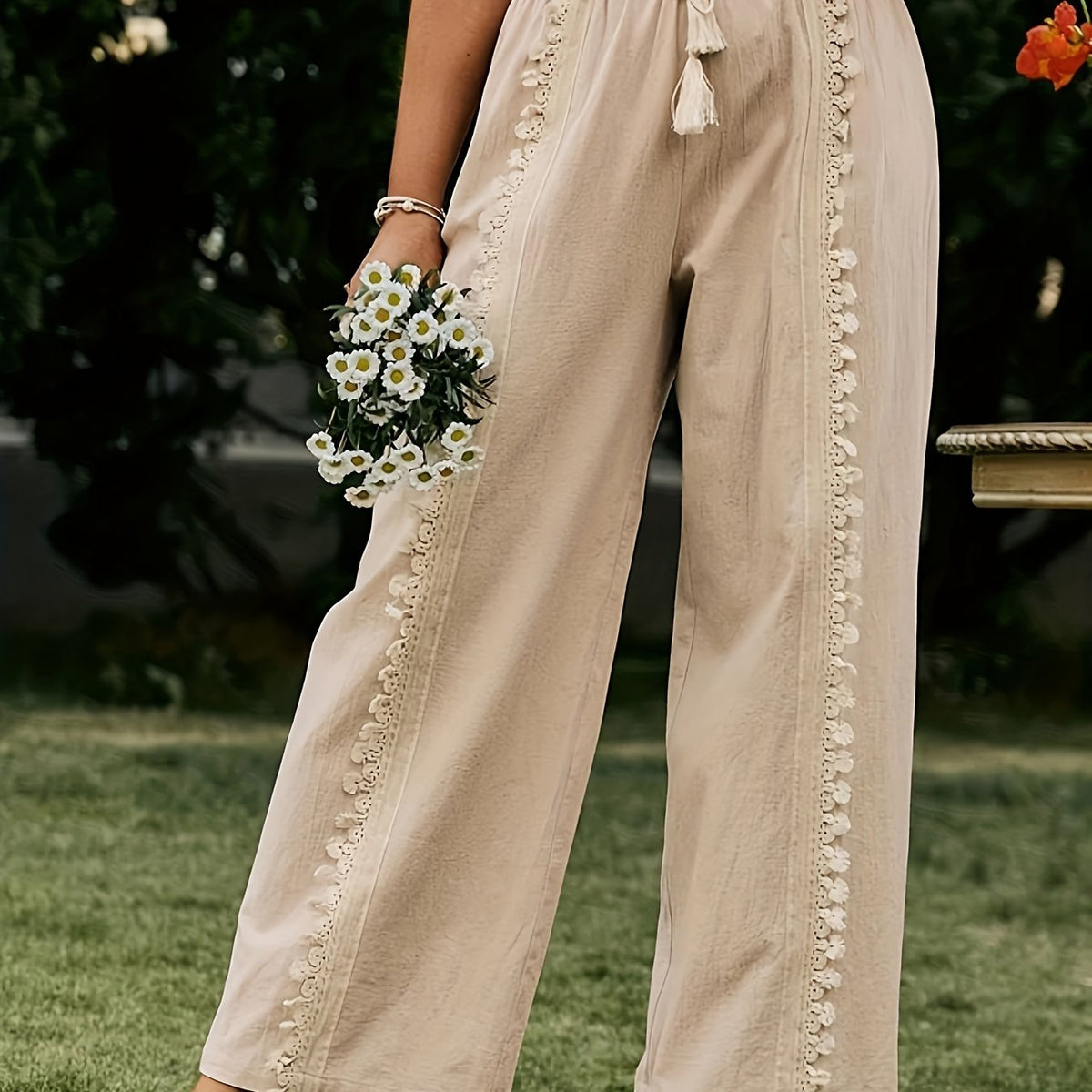  Solid Frill Trim Drawstring Wide Leg Pants