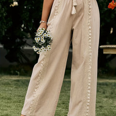  Solid Frill Trim Drawstring Wide Leg Pants